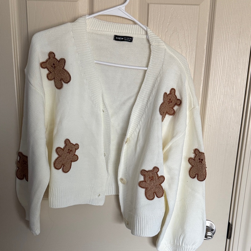 SHEIN Cream Teddy Bear Cardigan
